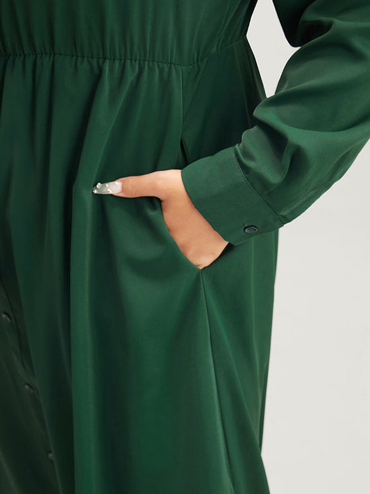 Solid Tie Neck Pocket Fake Button Split Hem Dress