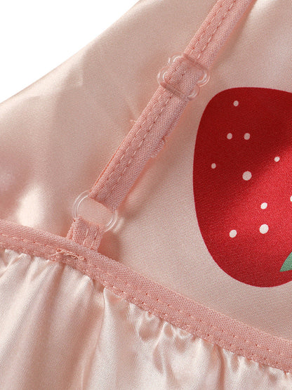 4pcs Strawberry Print Satin Belted Pajama Set
