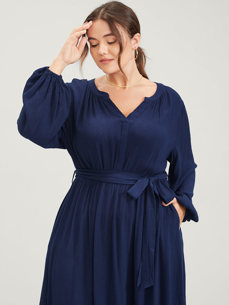 Solid V Neck Gathered Lantern Sleeve Pocket Belted Flutter Dress