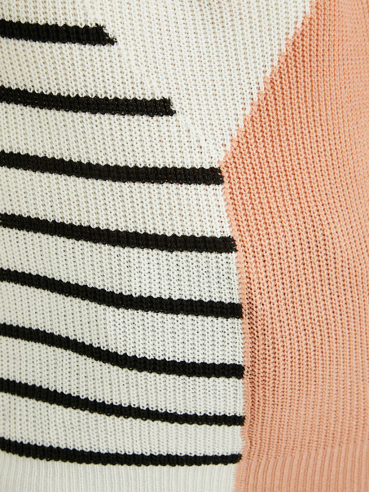 Colorblock Contrast Striped Pointelle Knit Round Neck Knit Top