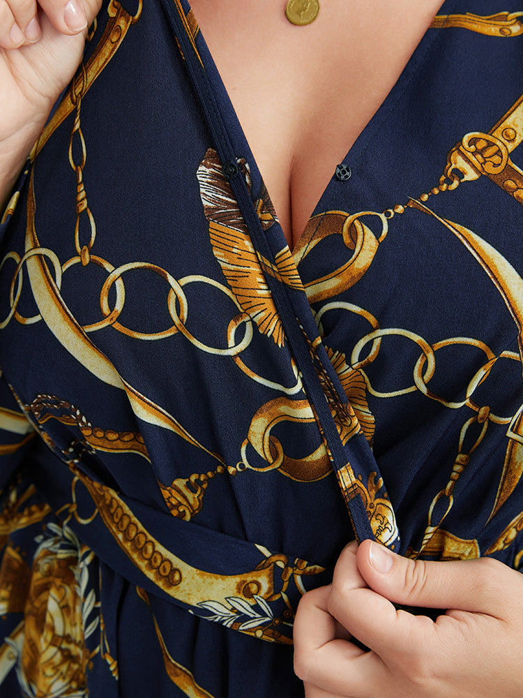 Chain Print Wrap Knotted Pocket Flutter Split Maxi Dress