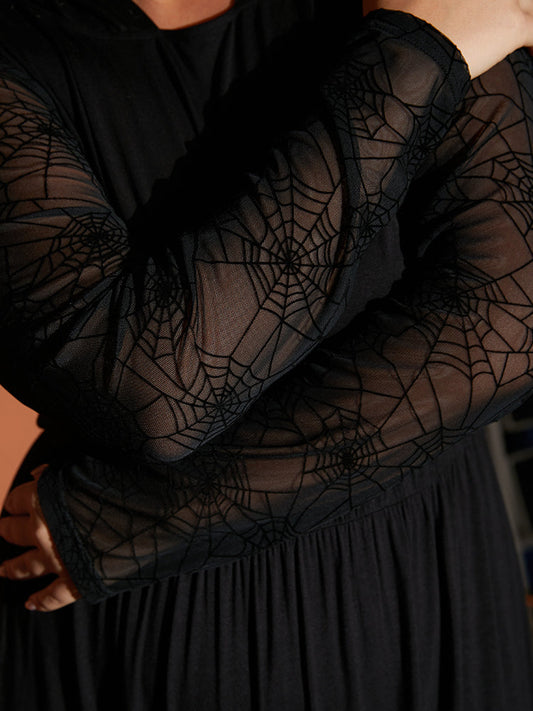 Halloween Spider Web Cut Out Mesh Arc Hem Hooded Dress
