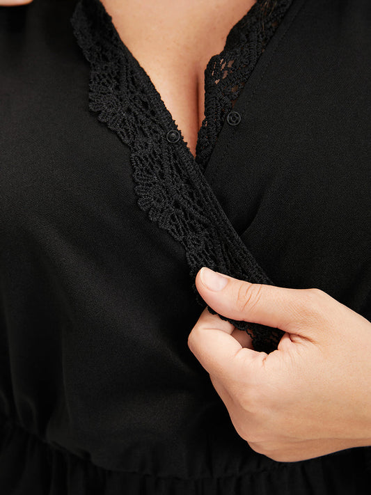 Solid Button Pocket Lantern Sleeve Contrast Lace Wrap Jumpsuit