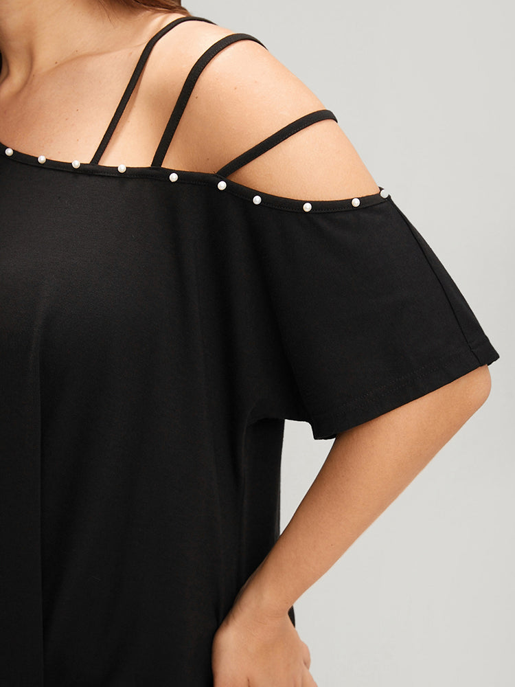 Solid Pearls Beaded Asymmetrical One Shoulder T-shirt