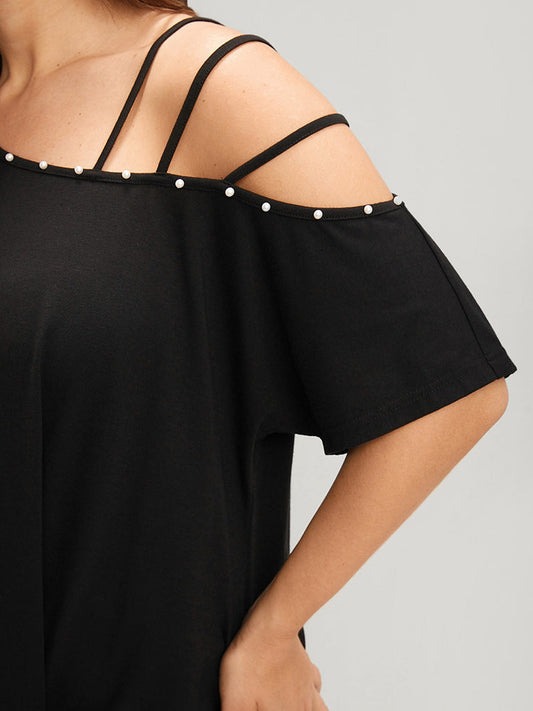 Solid Pearls Beaded Asymmetrical One Shoulder T-shirt