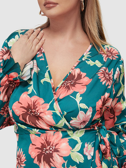 Floral Print Wrap Knot Ruffle Hem Dress