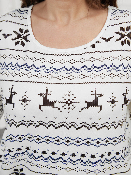Elk & Snowflake Print Round Neck Sleep Top