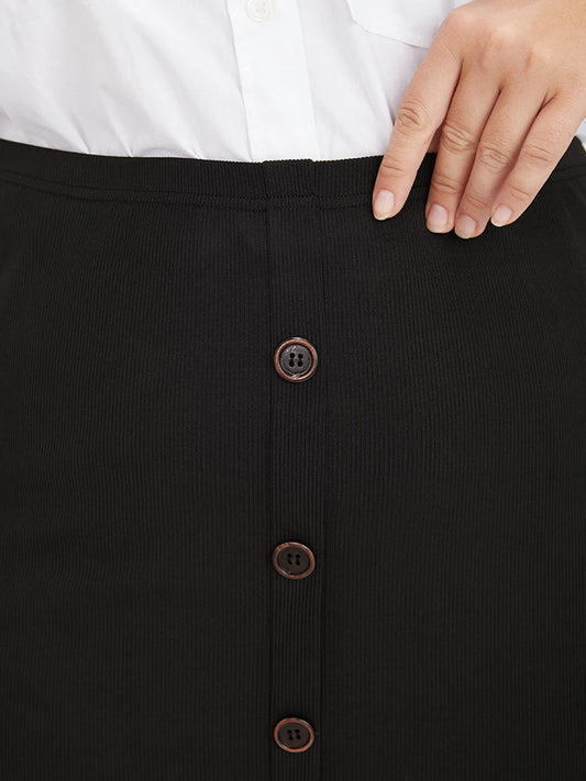 Solid Fake Button Elastic Waist Skirt
