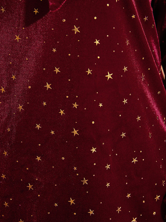 Star Print Keyhole Knotted Neck Velvet Blouse