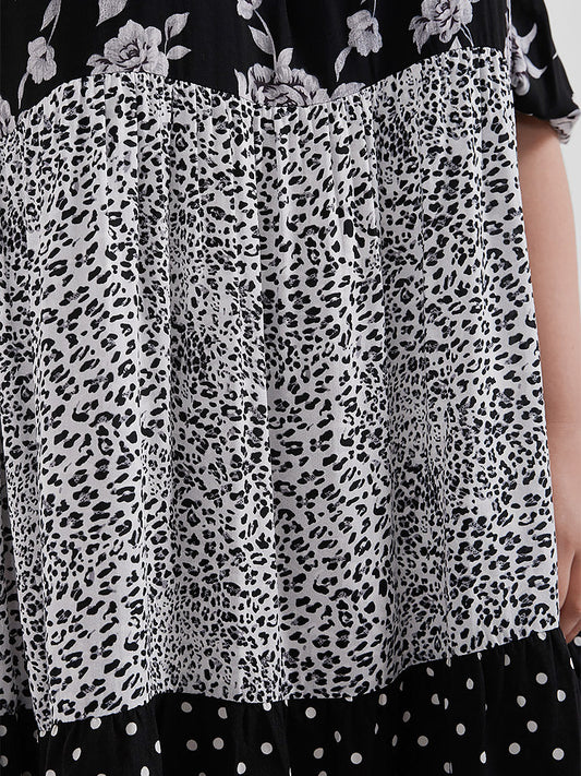 Polka Dot Floral Color Block Babydoll Knee Dress