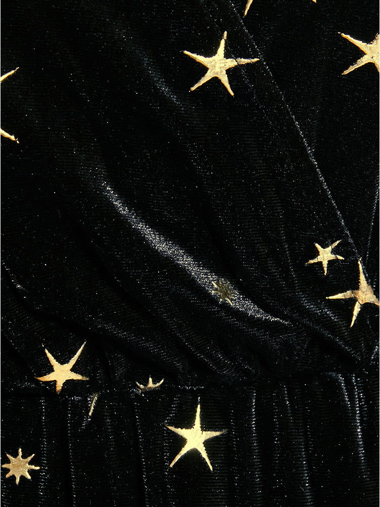 Star Print Lantern Sleeve Pocket Wrap Velvet Midi Dress