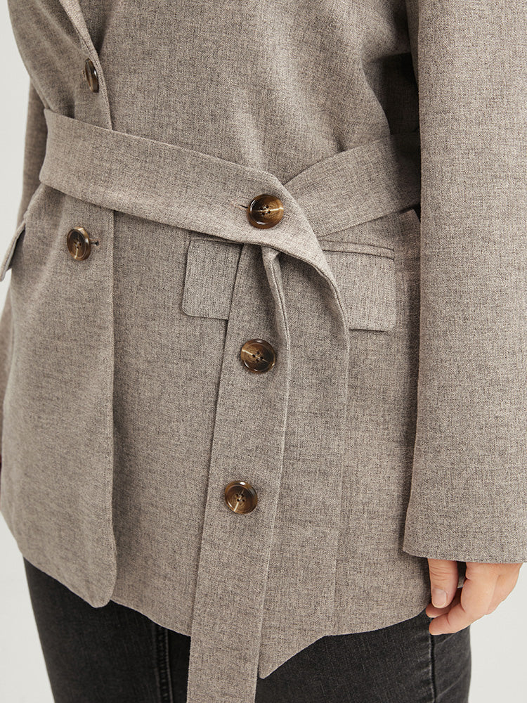 Solid Button Suit Collar Belted Flap Pocket Blazer