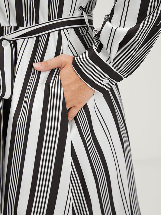 Striped Pocket Split Belted Shirt Collar Button Up Dress