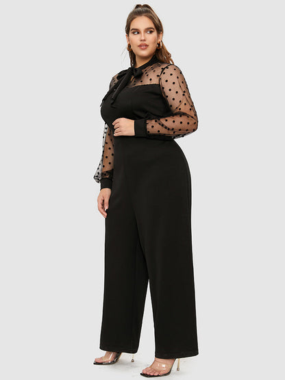 Polka Dot Mesh Knotted Wide Leg Jumpsuit