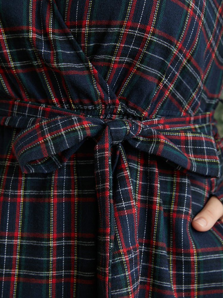 Tartan Pocket Belted Surplice Neck Dress