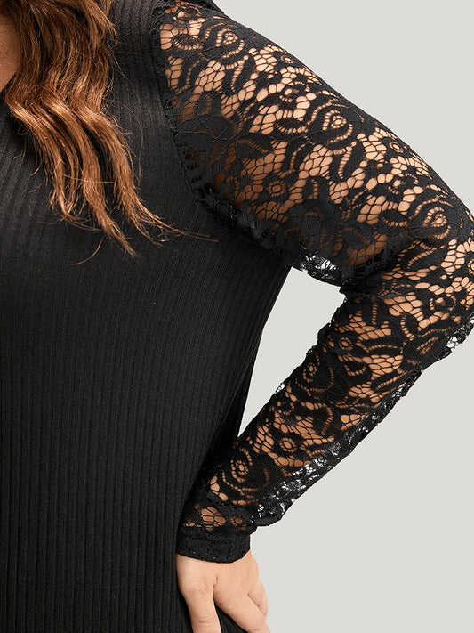 Solid Zipper Contrast Lace Rib Knit Long Tee