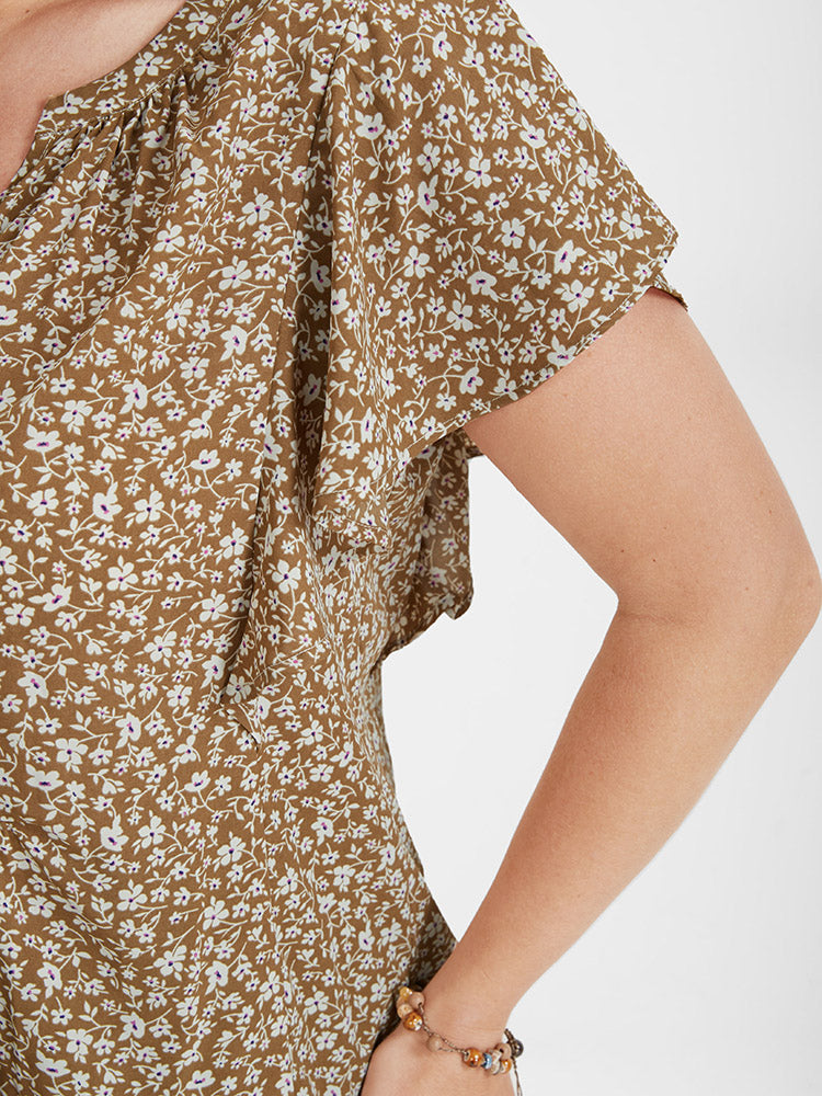 Ditsy Floral Print Flutter Sleeve V Neck Blouse