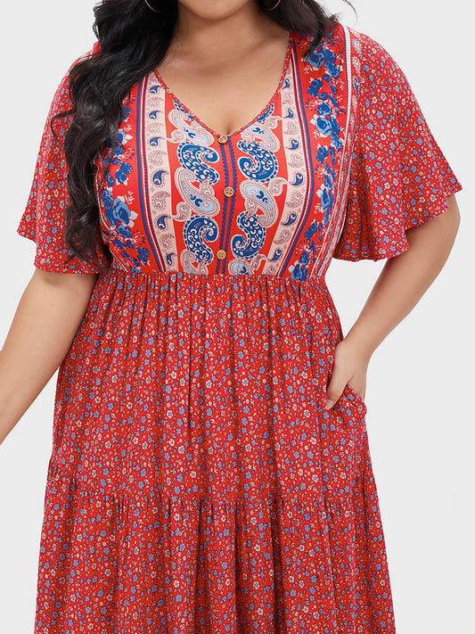 Ditsy Floral V Neck Pocket Button Ruffles Maxi Dress