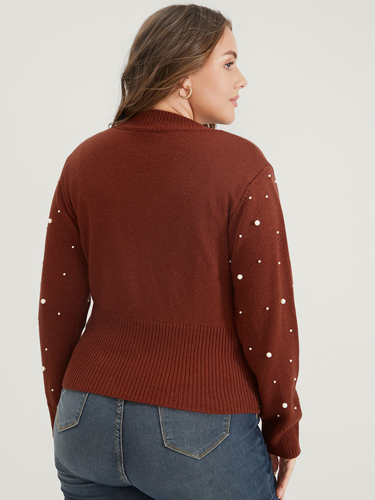 Solid Pointelle Knit Pearls Beaded Button Front Knit Top