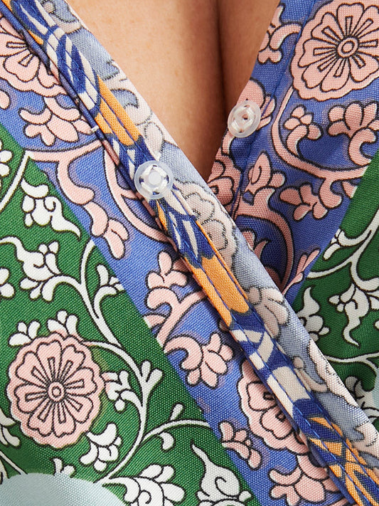 Bandana Pocket Bell Sleeve Button Flutter Split Knotted Wrap Dress