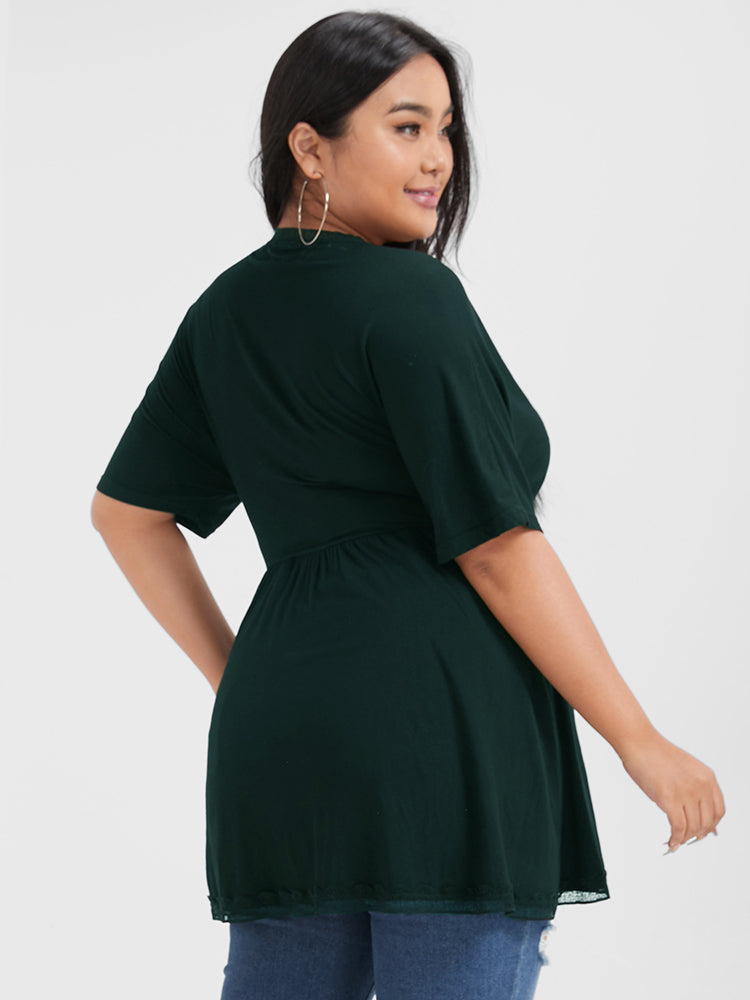 Solid Color Contrast Lace Wrap T-shirt