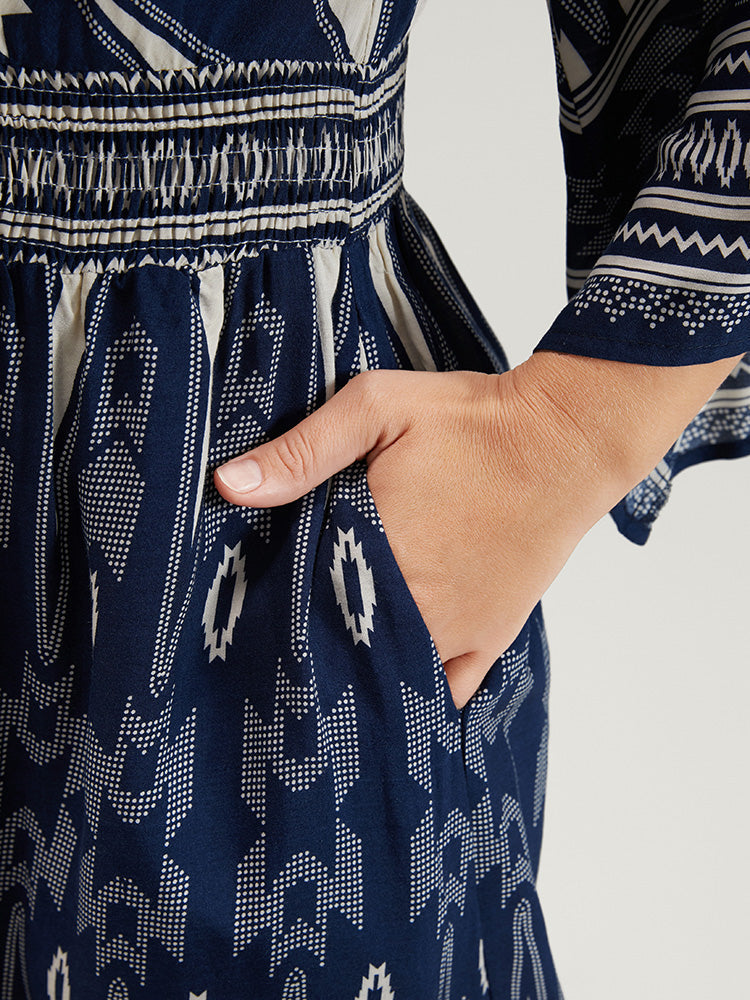 Geometric Print Wrap Pocket Split Shirred Dress