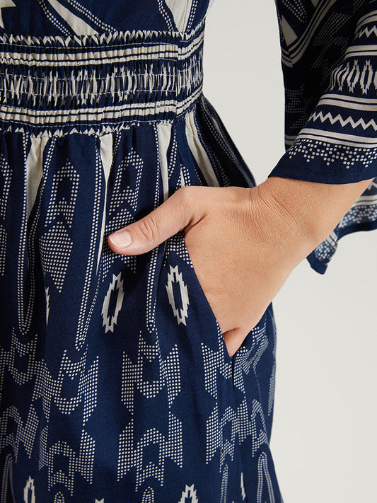 Geometric Print Wrap Pocket Split Shirred Dress