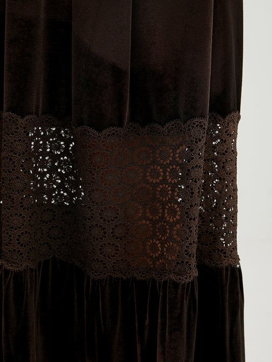 Solid Lace Lantern Sleeve Pocket Tie Up Velvet Maxi Dress