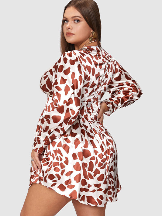 Graphic Print Satin Deep V Neck Dress