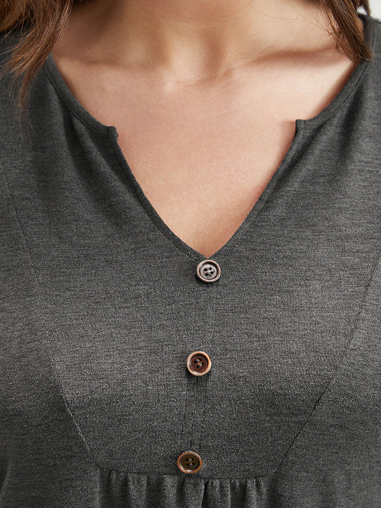 Solid V Neck Button Detail Long Tee