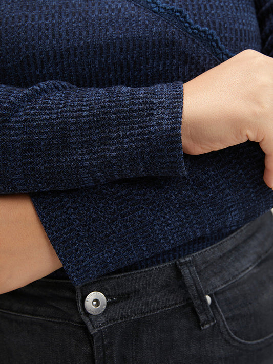 Solid Lace Trim Rib Knit Surplice Neck Long Tee