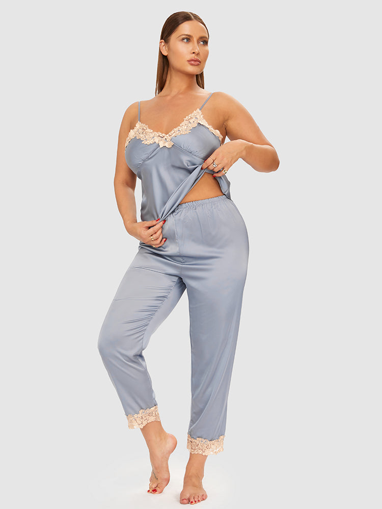 3pcs Satin Lace Trim Cami Pajama Set