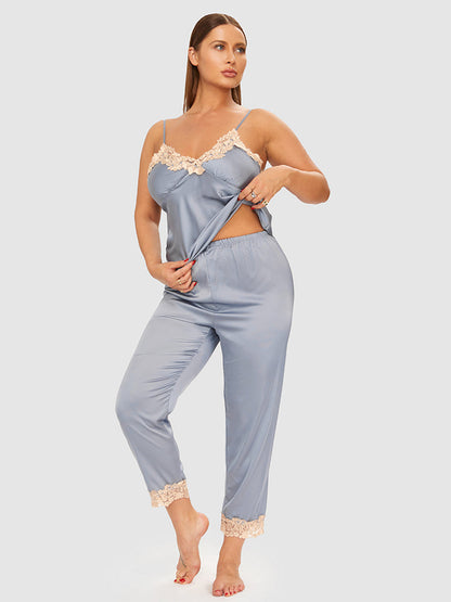 3pcs Satin Lace Trim Cami Pajama Set