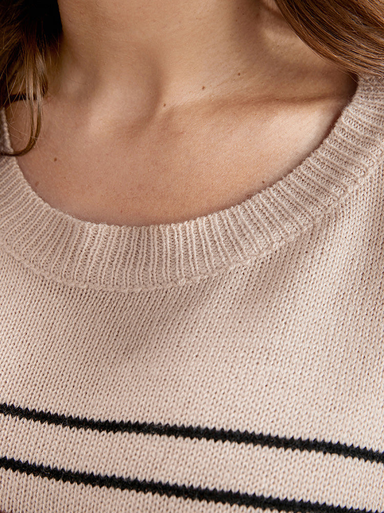 Striped Contrast Pointelle Knit Round Neck Knit Top