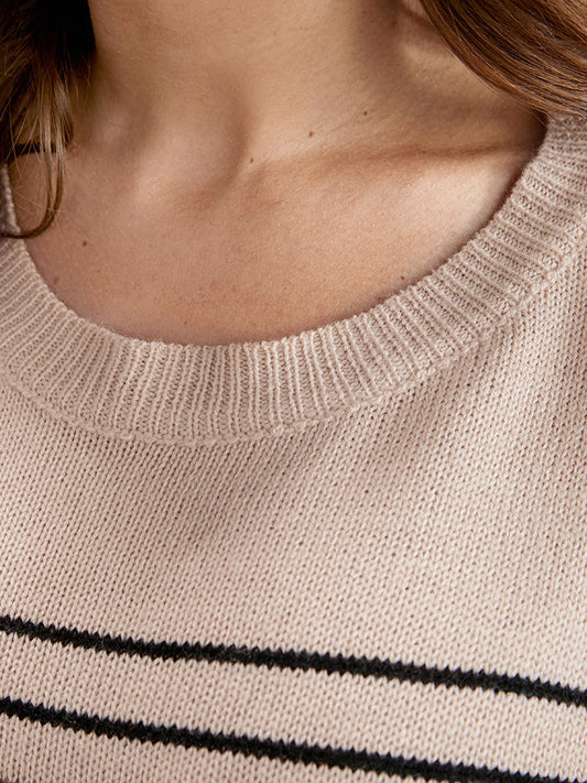 Striped Contrast Pointelle Knit Round Neck Knit Top