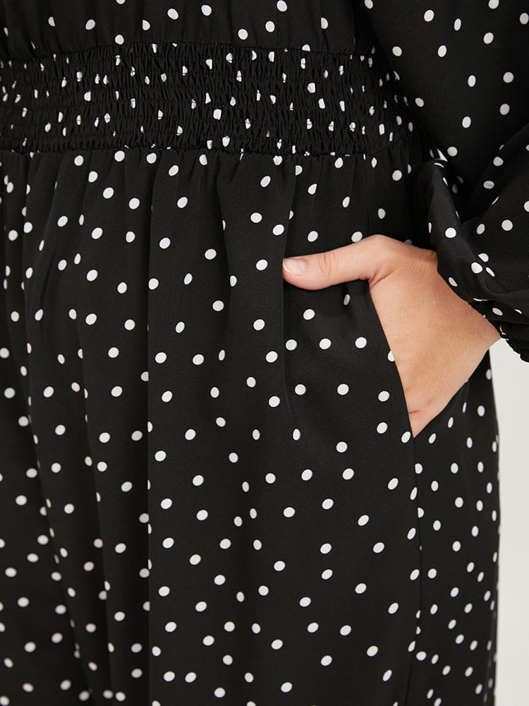 Polka Dot Square Neck Pocket Puff Sleeve Shirred Jumpsuit