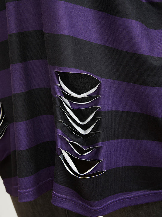 Halloween Striped V Neck Distressed Long Tee