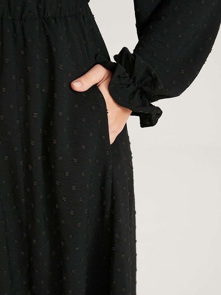 Solid Pocket Button Lantern Sleeve Lace Trim Split Maxi Dress