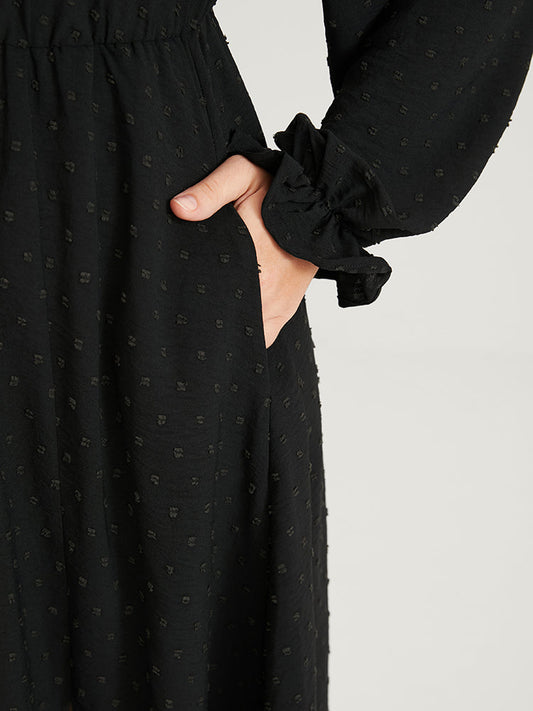 Solid Pocket Button Lantern Sleeve Lace Trim Split Maxi Dress