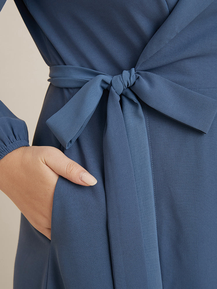 Solid Lantern Sleeve Pocket Wrap Tie Side Blazer Dress