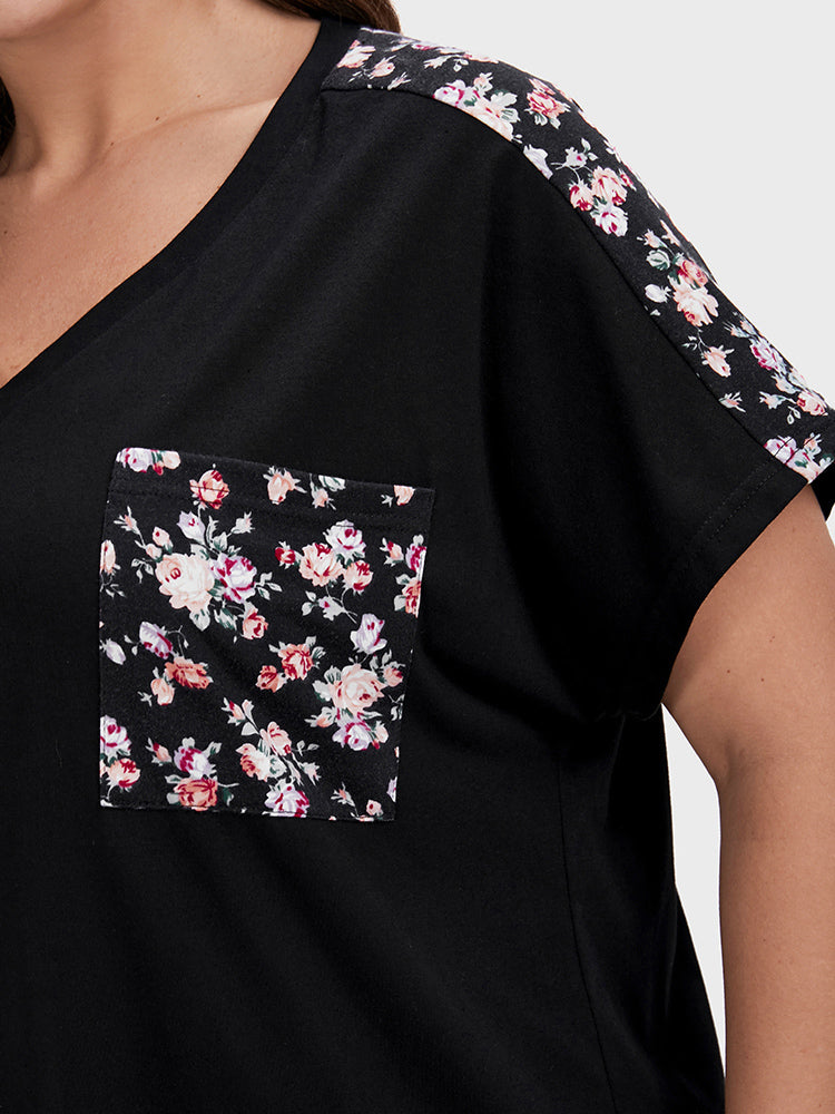 Ditsy Floral Patchwork Dolman Sleeve Pocket T-shirt