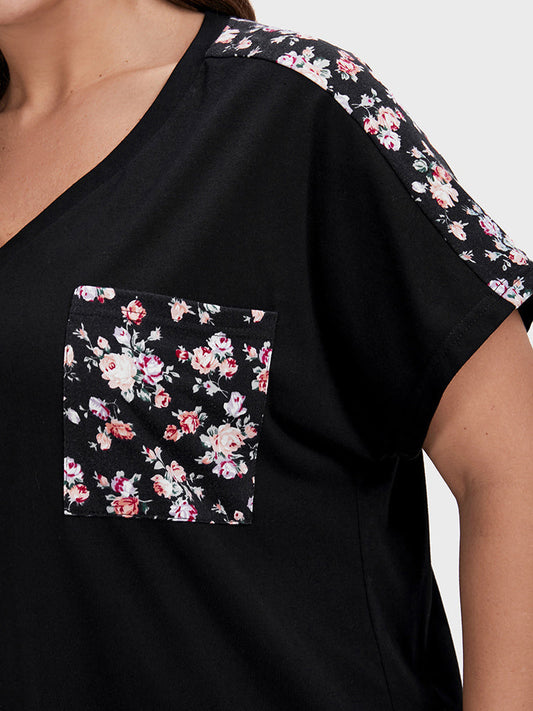 Ditsy Floral Patchwork Dolman Sleeve Pocket T-shirt