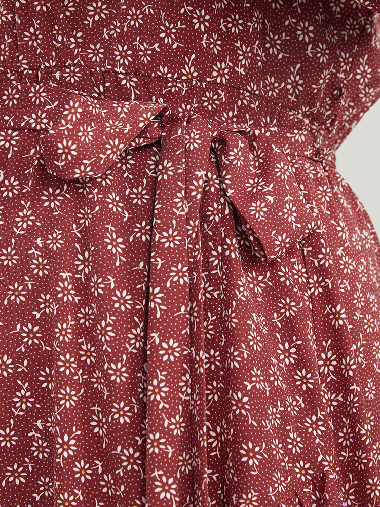Ditsy Floral Wrap Belted Ruffle Asymmetrical Hem Dress