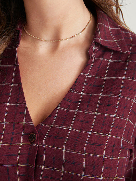 Gingham Pocket Button Up Bell Sleeve V Neck Dress Without Belt