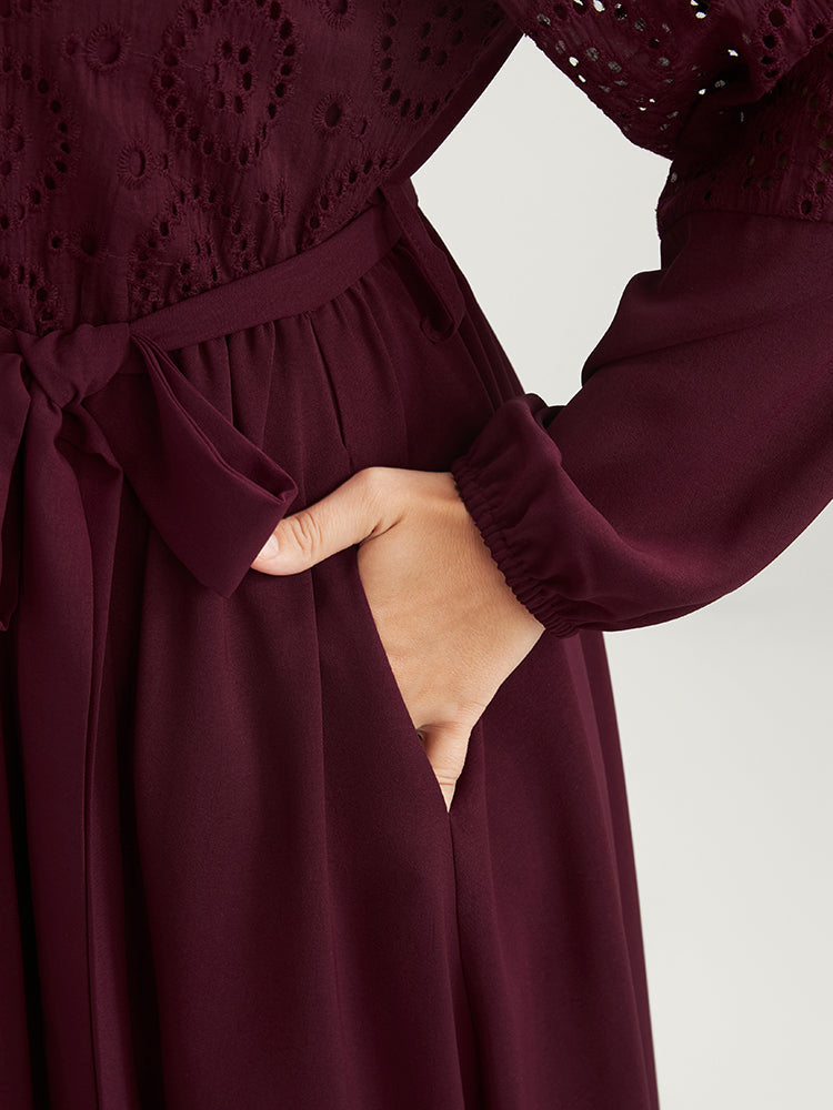 Solid Pocket Button Detail Eyelet Lace Belted Dress