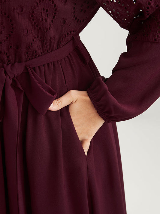 Solid Pocket Button Detail Eyelet Lace Belted Dress