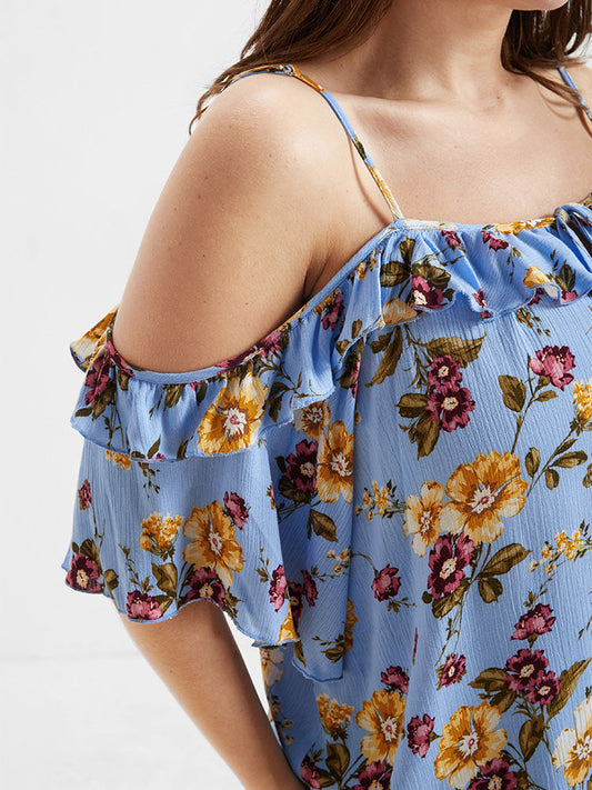 Floral Cold Shoulder Ruffle Trim Blouse