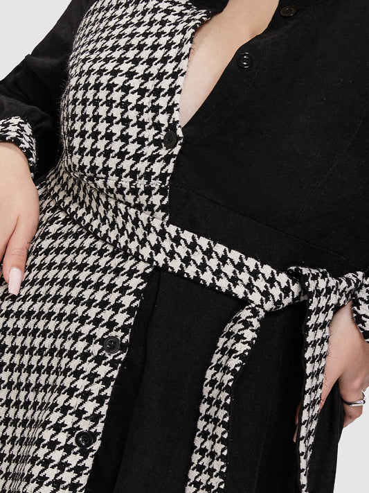Houndstooth Patchwork Belted Shirt Dress