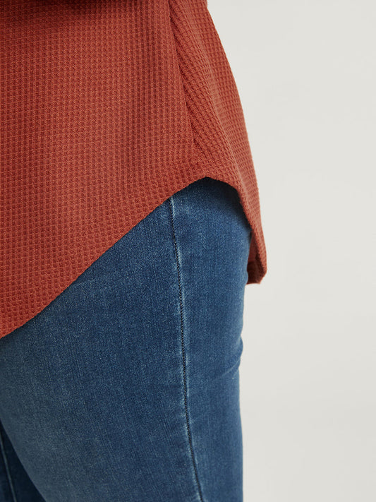 Solid Waffle Knit Arc Hem Long Tee