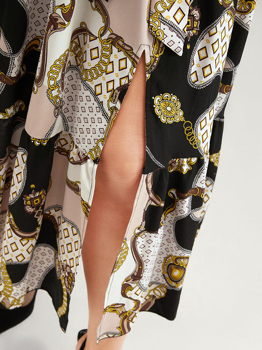 Chain Print Patchwork Lantern Sleeve Belted Split Midi Dress